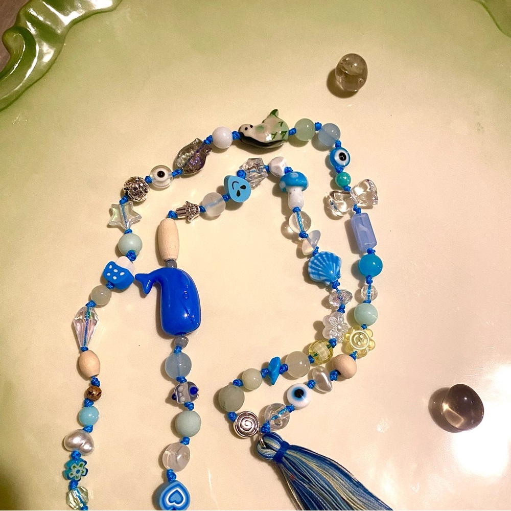 Blue Beaded Necklace with Tassel Mermaid Whale Ocean Mala Spiritual - Picture 5 of 11